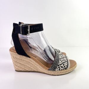 J Crew Corsica Espadrille Wedge Pattern Sandals Blue Black Ankle Strap Size 7